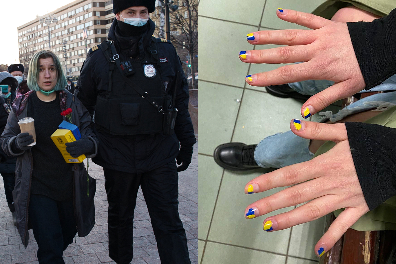 Yulia Zhevtsova, detained with Harry Potter books in the colors of the Ukrainian flag, and Yulia Eliseyeva, detained for a blue-yellow manicure and a «No to war!» shopper / Photos by Natalia Budantseva and Yulia Eliseyeva