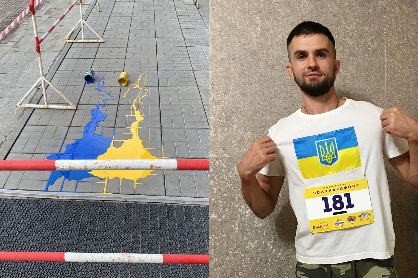 Stanislav Karzanov was fined 93 thousand rubles for dousing the entrance to the mayor’s office of Novosibirsk with paint. Andriy Korolchuk, prosecuted under an administrative case on the basis of «discrediting the military”—running in a T-shirt with the Ukrainian flag. The case was promptly dismissed / Photo: Telegram channel of Anatoliy Lokot and Andriy Korolchuk